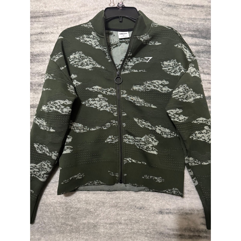 Gymshark Mercury Seamless‎ Zip Up Jacket Womens XS Green Camo B3A9G Cropped Knit
